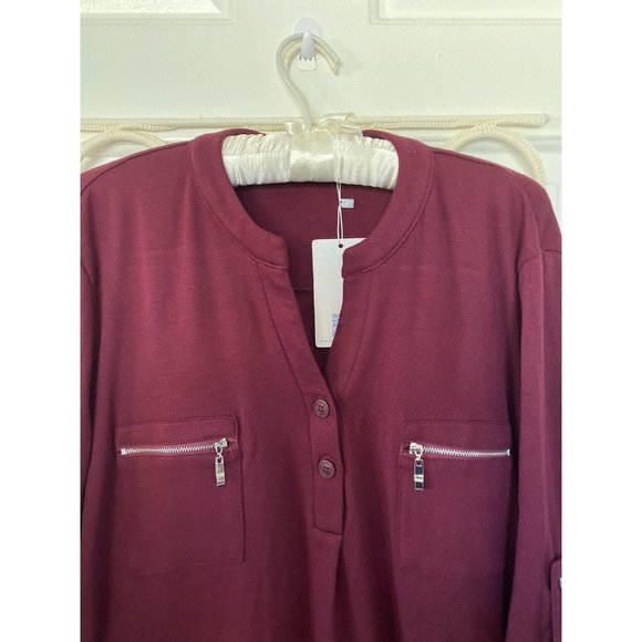 Siddhe Tunic Top Button Front V Neck 3/4 Rolled Long Sleeve Zip Burgundy 2XL NWT - Picture 8 of 16